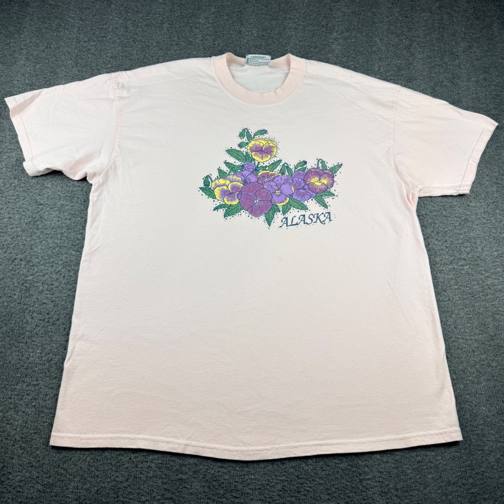 VINTAGE 90s Lee Alaska Pansy Floral T-Shirt Women's XL Pink Brushed Cotton‎
